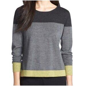 Eileen Fisher Womens Petite Merino Wool Color Block Sweater PS Grey & Olive